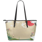 Japanese Cranes At Sunset Print Leather Tote Bag