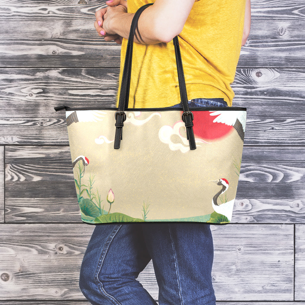 Japanese Cranes At Sunset Print Leather Tote Bag