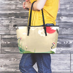 Japanese Cranes At Sunset Print Leather Tote Bag