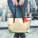 Japanese Cranes At Sunset Print Leather Tote Bag