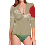 Japanese Cranes At Sunset Print Long Sleeve Swimsuit