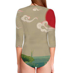 Japanese Cranes At Sunset Print Long Sleeve Swimsuit