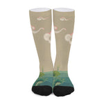 Japanese Cranes At Sunset Print Long Socks