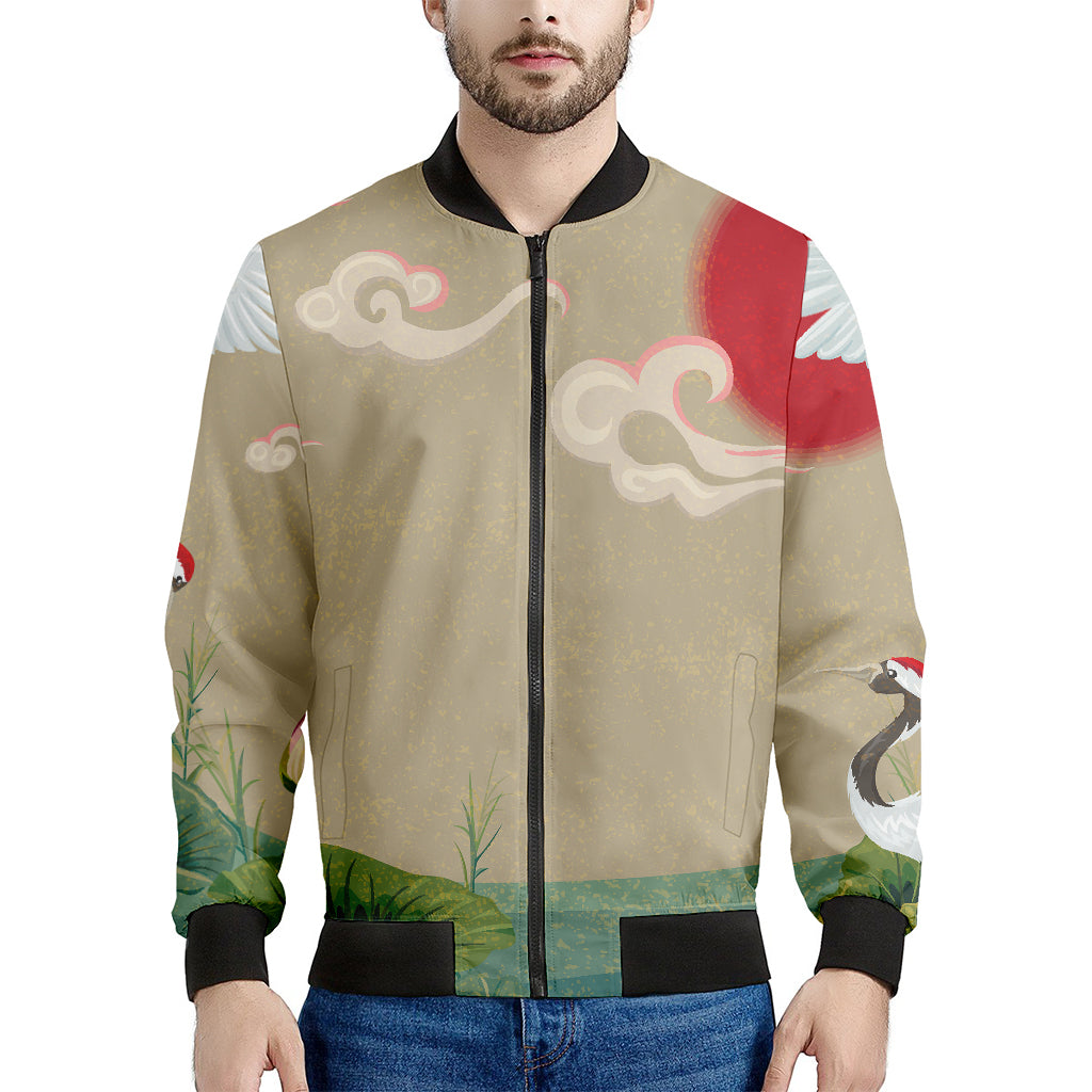 Japanese Cranes At Sunset Print Men's Bomber Jacket