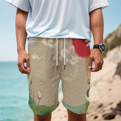 Japanese Cranes At Sunset Print Men's Cargo Shorts