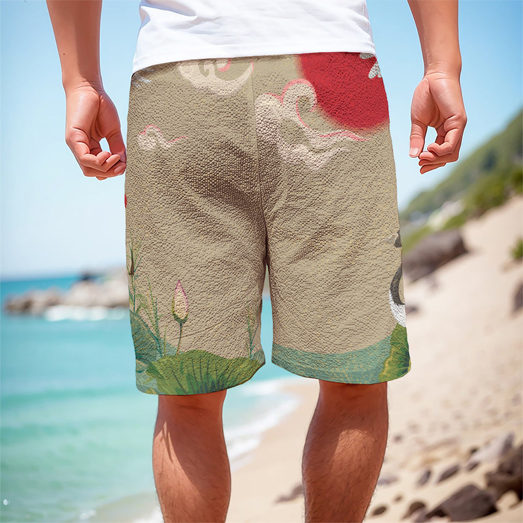 Japanese Cranes At Sunset Print Men's Cargo Shorts