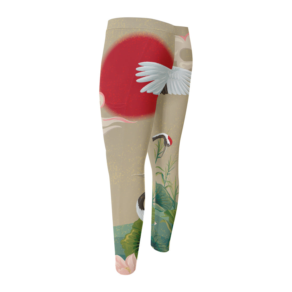 Japanese Cranes At Sunset Print Men's Compression Pants