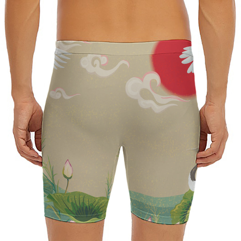 Japanese Cranes At Sunset Print Men's Long Boxer Briefs