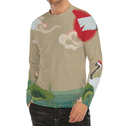Japanese Cranes At Sunset Print Men's Long Sleeve Rash Guard