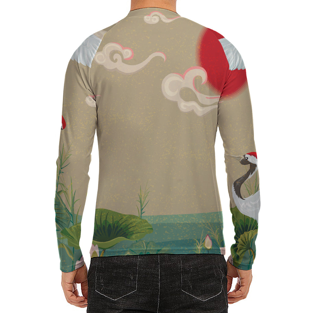 Japanese Cranes At Sunset Print Men's Long Sleeve Rash Guard