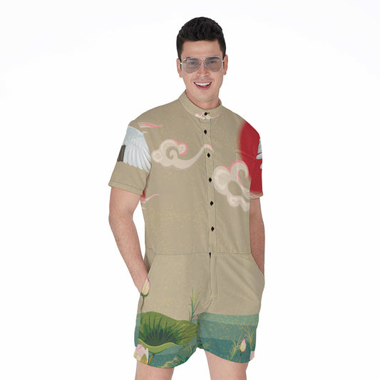 Japanese Cranes At Sunset Print Men's Rompers