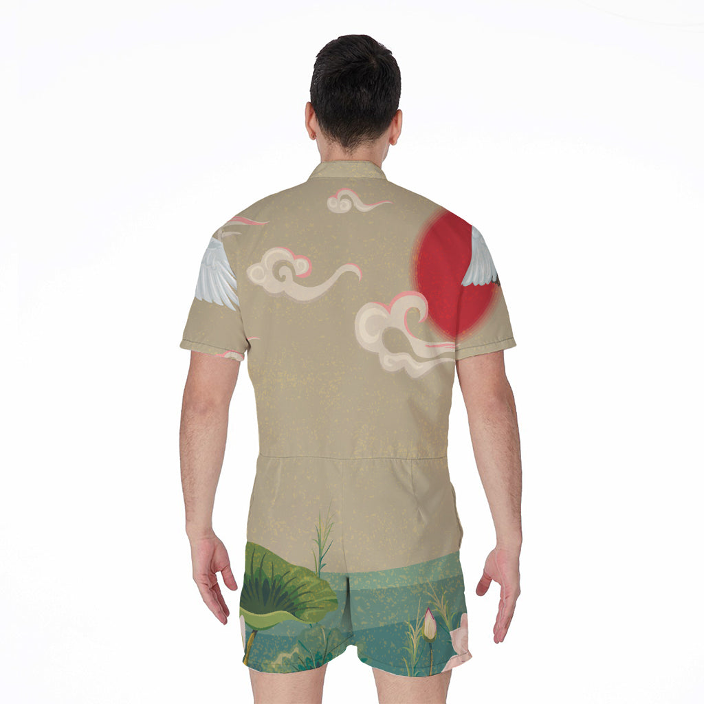 Japanese Cranes At Sunset Print Men's Rompers