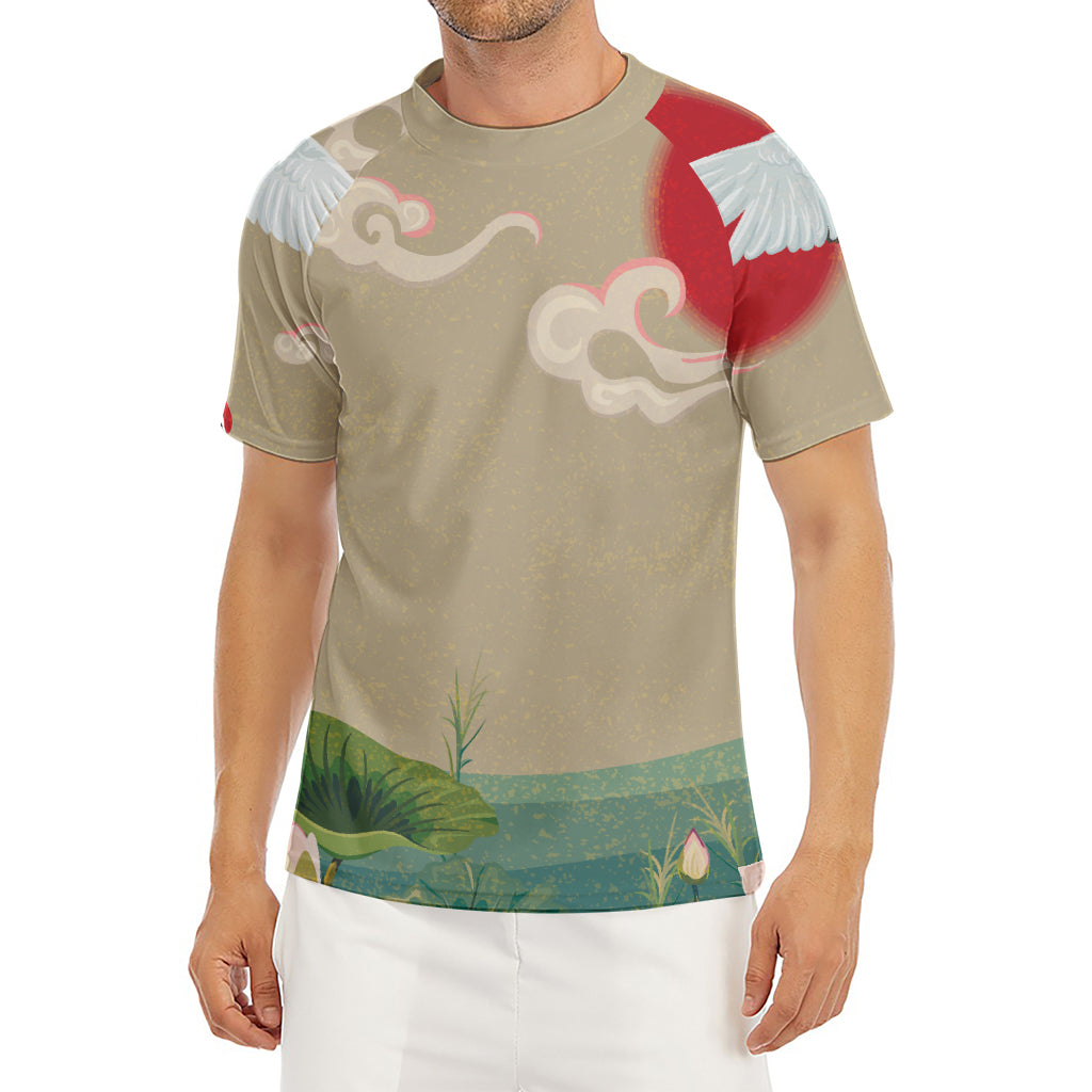 Japanese Cranes At Sunset Print Men's Short Sleeve Rash Guard