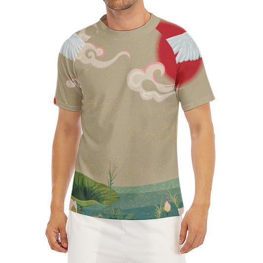 Japanese Cranes At Sunset Print Men's Short Sleeve Rash Guard