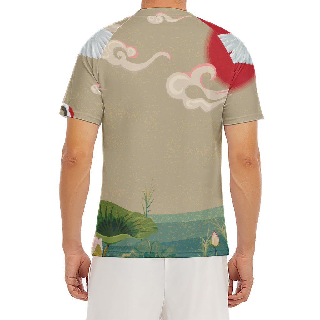 Japanese Cranes At Sunset Print Men's Short Sleeve Rash Guard