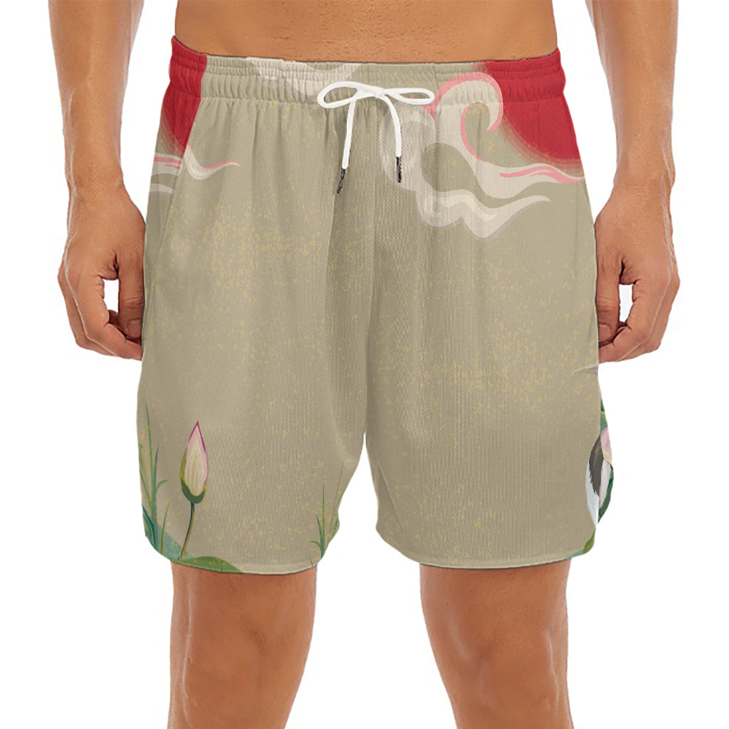 Japanese Cranes At Sunset Print Men's Split Running Shorts