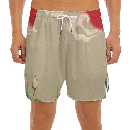 Japanese Cranes At Sunset Print Men's Split Running Shorts