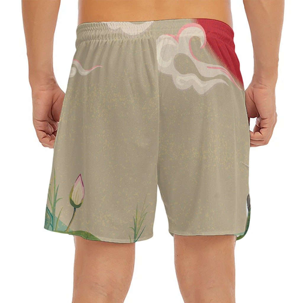 Japanese Cranes At Sunset Print Men's Split Running Shorts