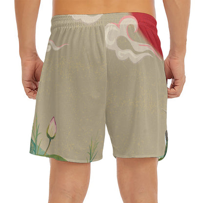 Japanese Cranes At Sunset Print Men's Split Running Shorts