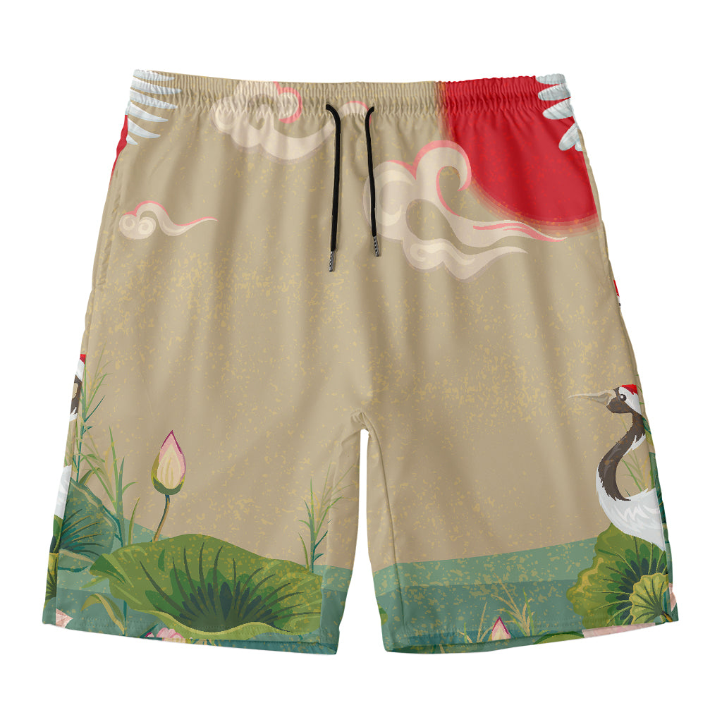 Japanese Cranes At Sunset Print Men's Swim Trunks
