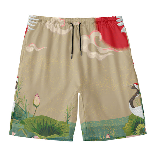 Japanese Cranes At Sunset Print Men's Swim Trunks