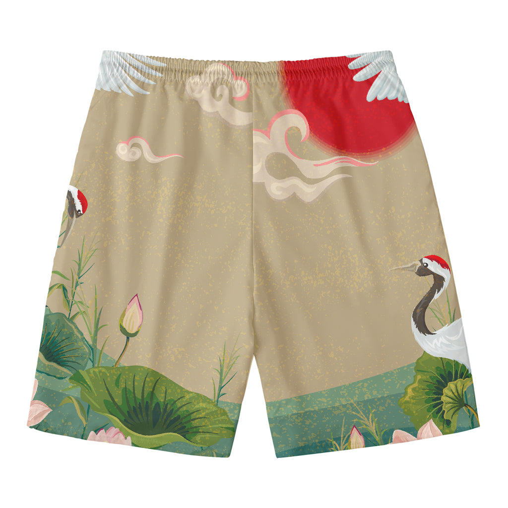 Japanese Cranes At Sunset Print Men's Swim Trunks