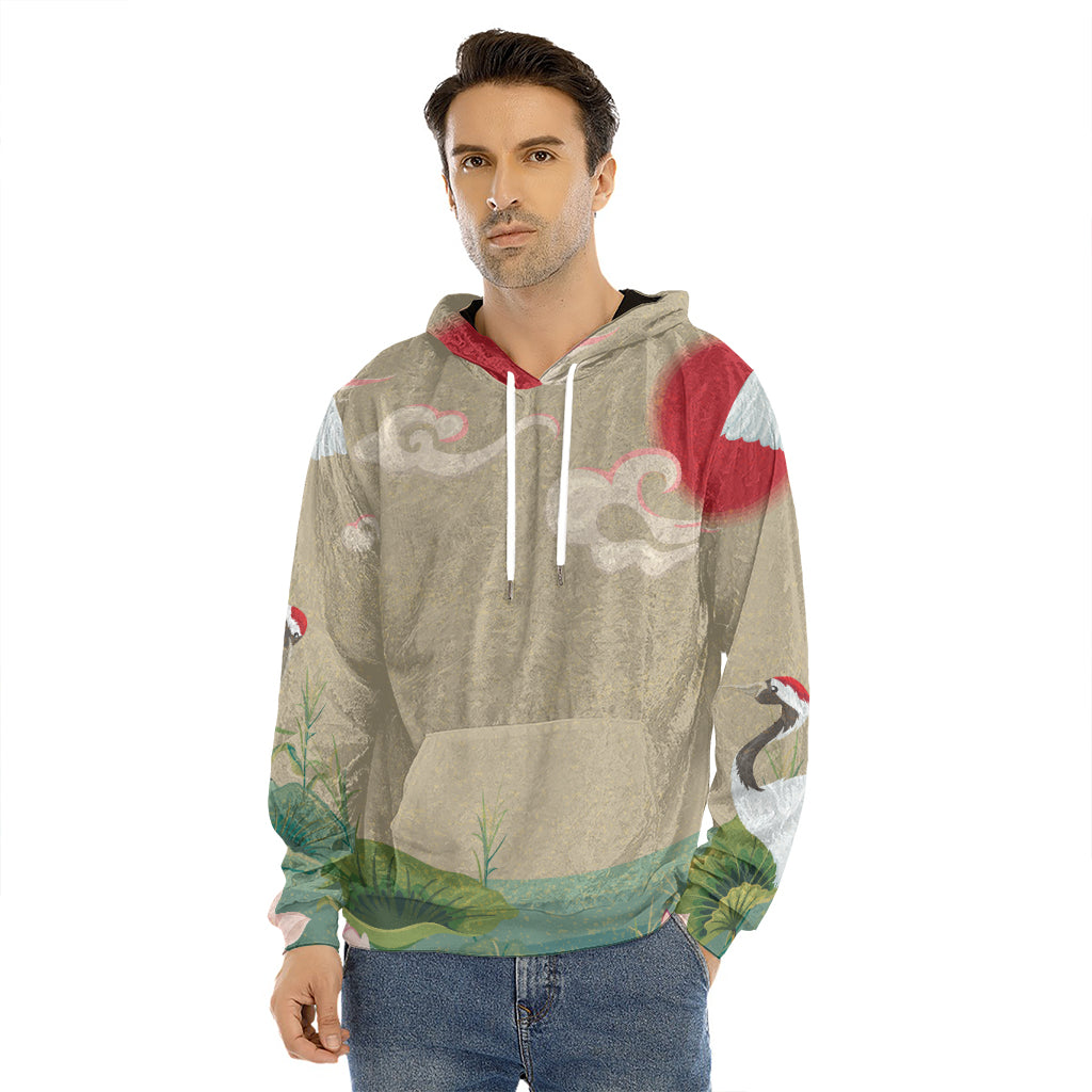 Japanese Cranes At Sunset Print Men's Velvet Pullover Hoodie