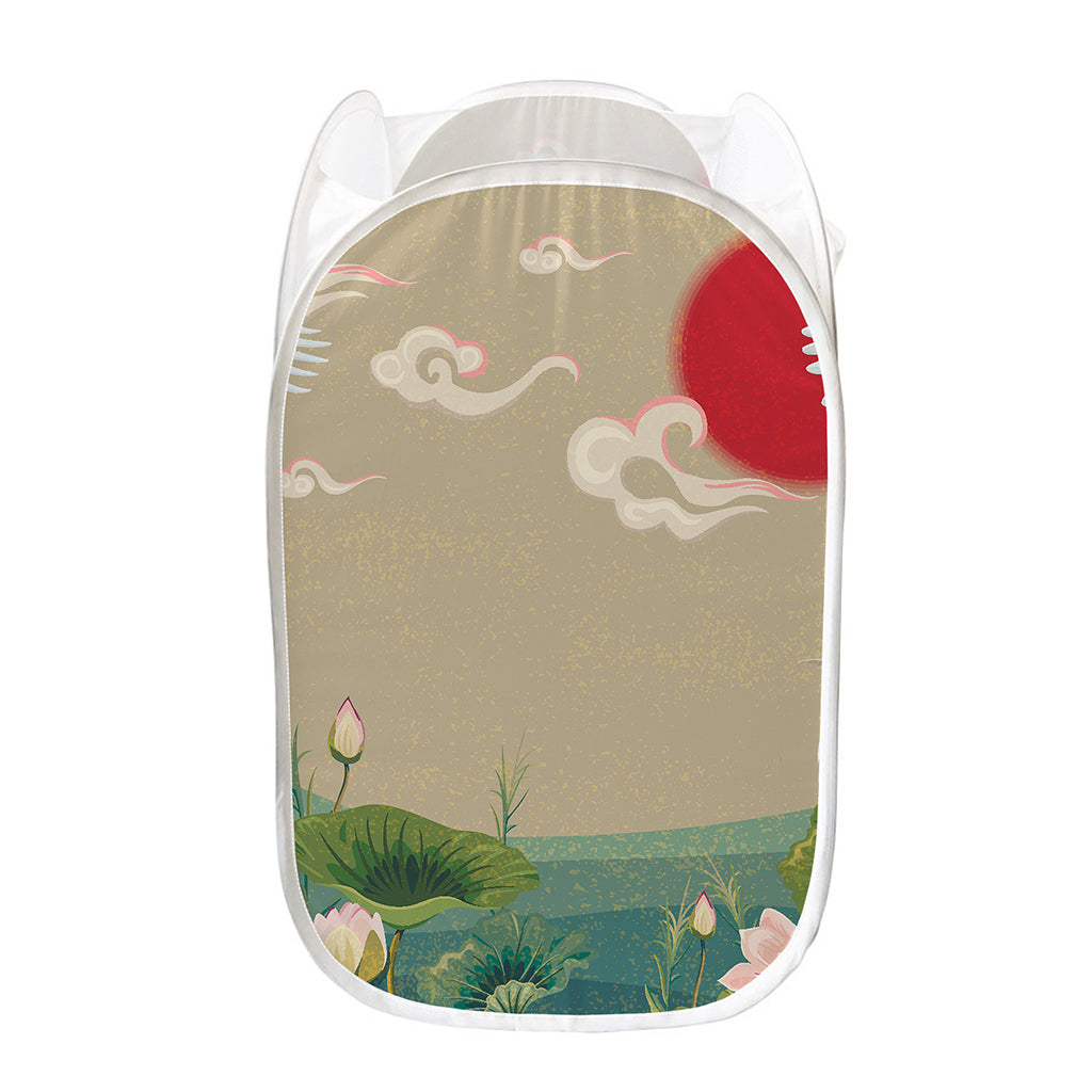 Japanese Cranes At Sunset Print Mesh Laundry Hamper
