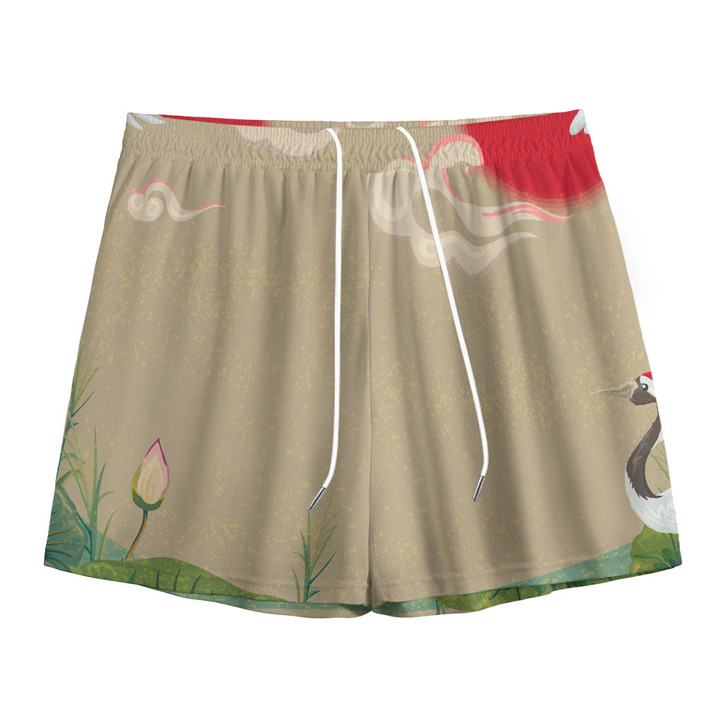 Japanese Cranes At Sunset Print Mesh Shorts