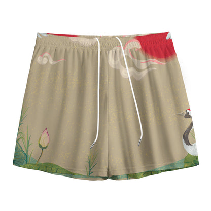 Japanese Cranes At Sunset Print Mesh Shorts