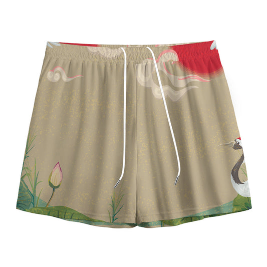 Japanese Cranes At Sunset Print Mesh Shorts