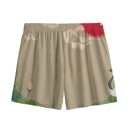 Japanese Cranes At Sunset Print Mesh Shorts