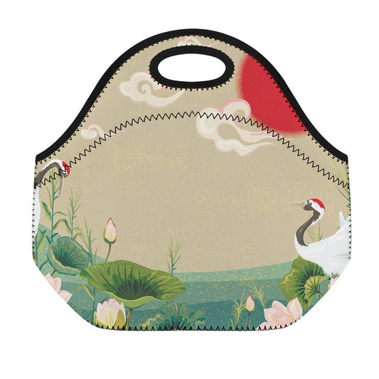 Japanese Cranes At Sunset Print Neoprene Lunch Bag