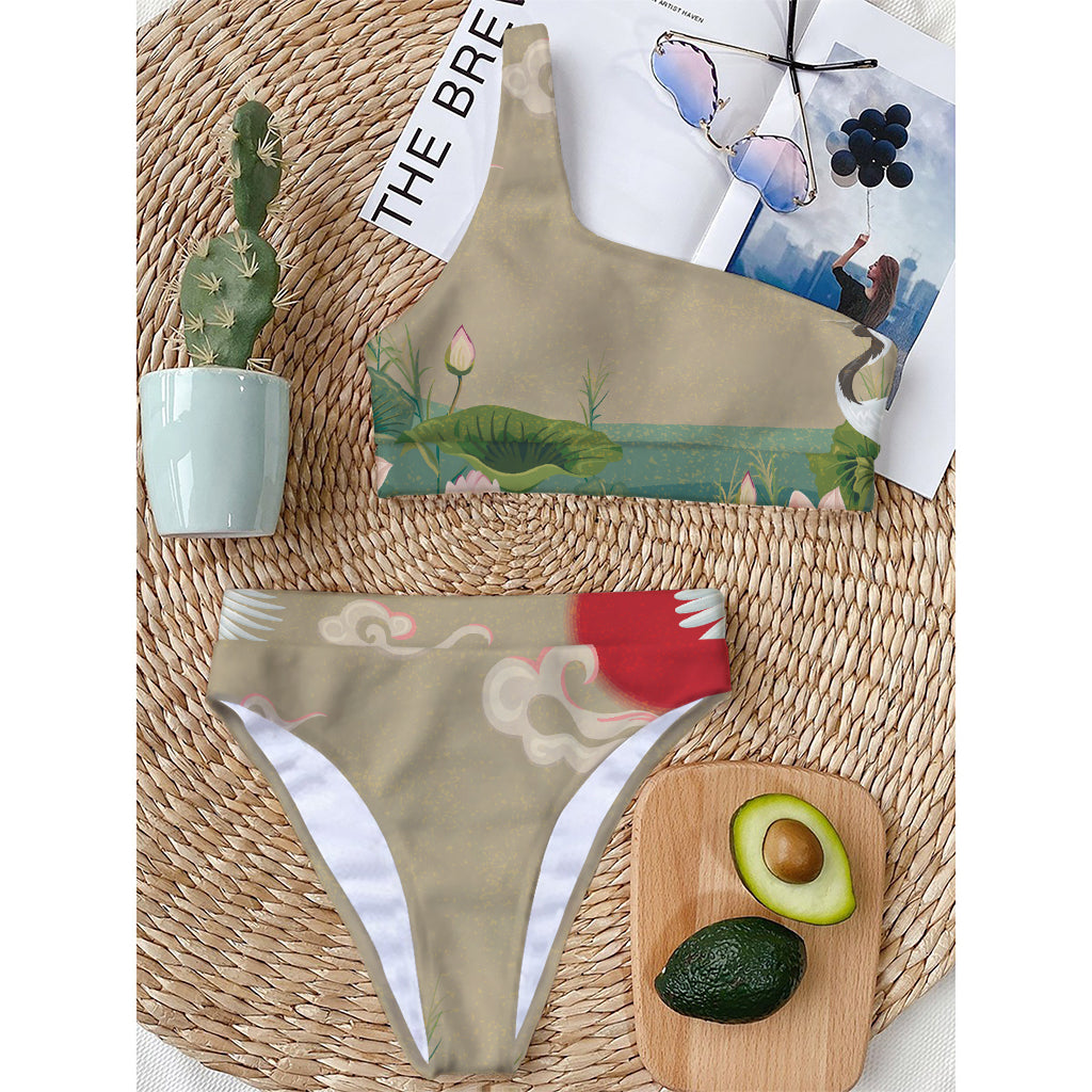Japanese Cranes At Sunset Print One Shoulder Bikini Top