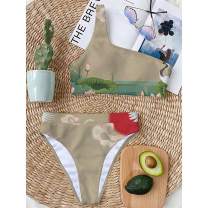 Japanese Cranes At Sunset Print One Shoulder Bikini Top