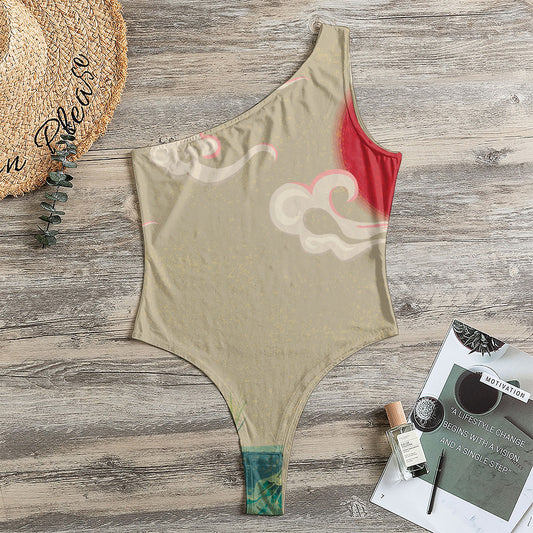 Japanese Cranes At Sunset Print One Shoulder Bodysuit