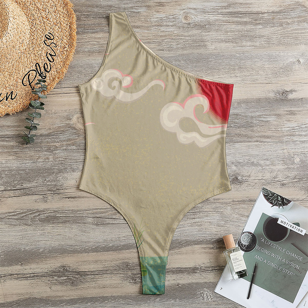 Japanese Cranes At Sunset Print One Shoulder Bodysuit