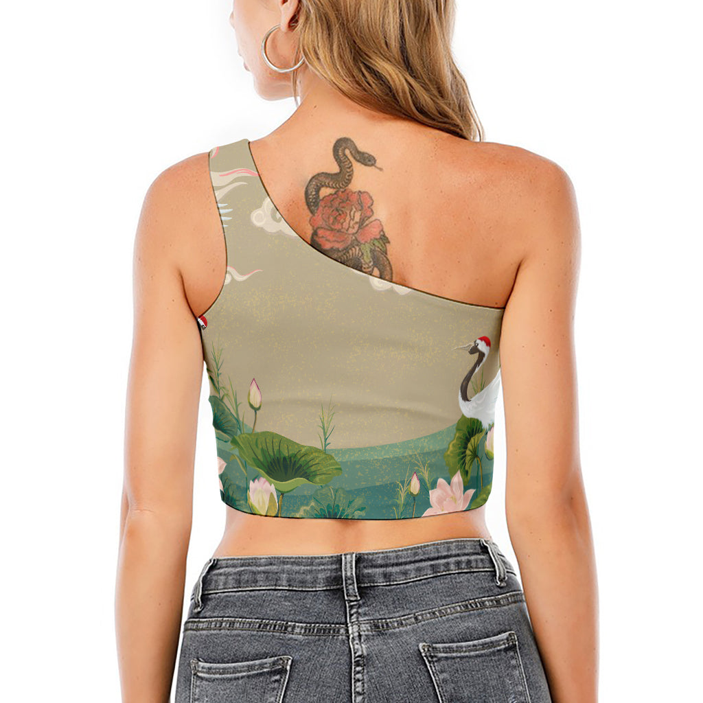 Japanese Cranes At Sunset Print One Shoulder Crop Top