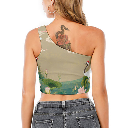 Japanese Cranes At Sunset Print One Shoulder Crop Top