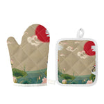 Japanese Cranes At Sunset Print Oven Mitt And Pot Holder Set