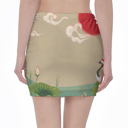 Japanese Cranes At Sunset Print Pencil Mini Skirt