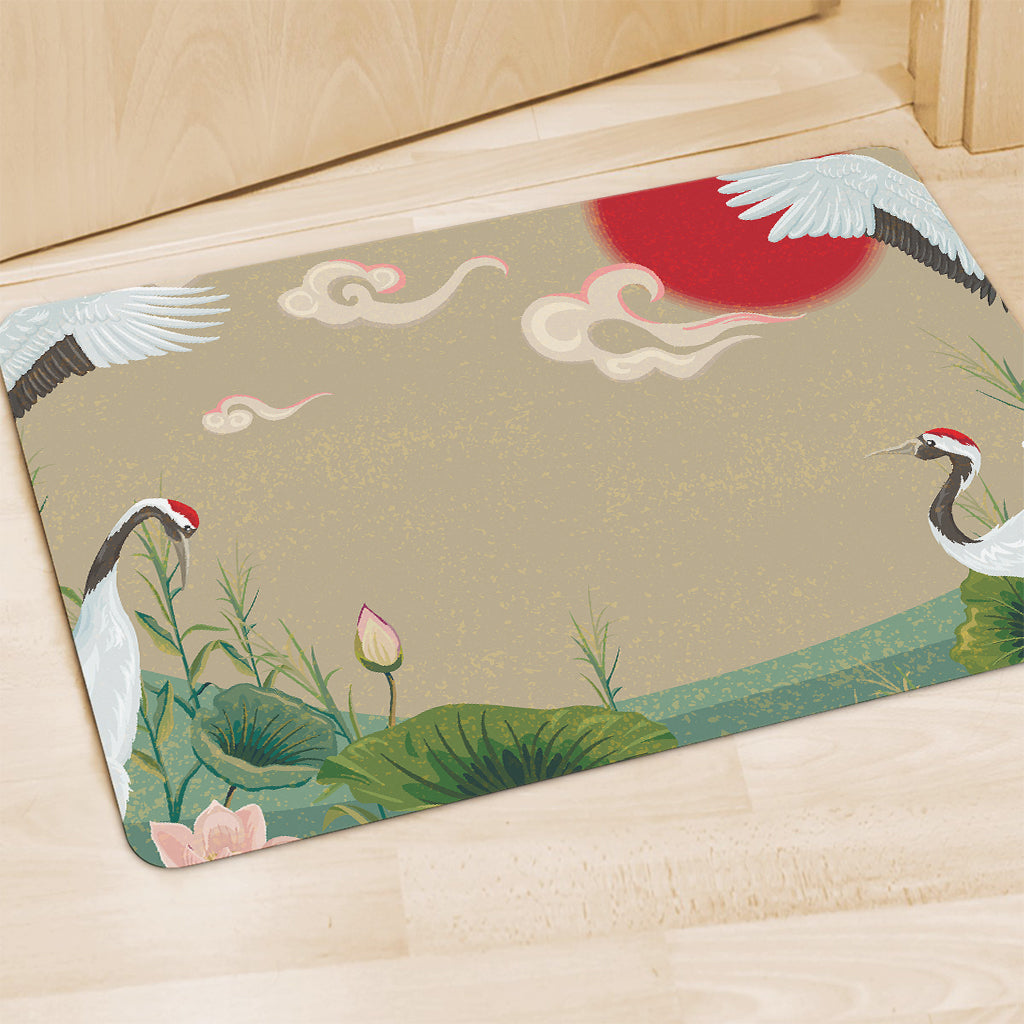 Japanese Cranes At Sunset Print Polyester Doormat