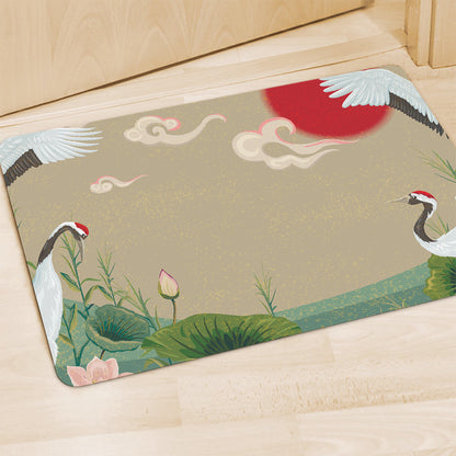 Japanese Cranes At Sunset Print Polyester Doormat