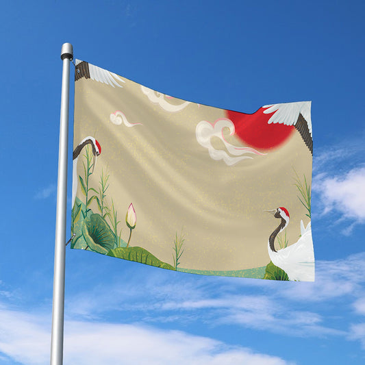 Japanese Cranes At Sunset Print Polyester Flag