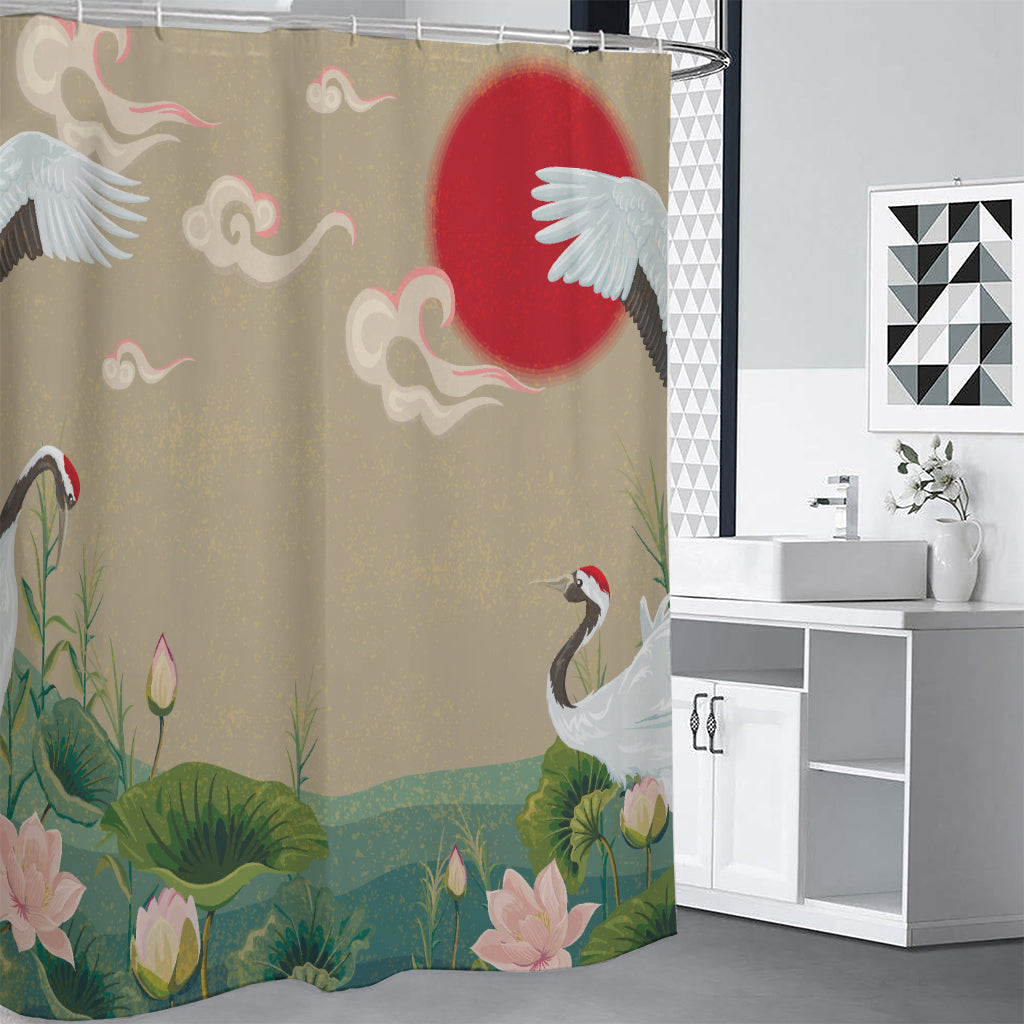Japanese Cranes At Sunset Print Premium Shower Curtain