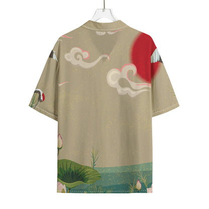 Japanese Cranes At Sunset Print Rayon Hawaiian Shirt