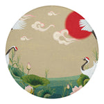 Japanese Cranes At Sunset Print Round Blanket
