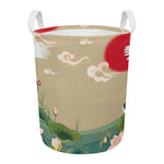 Japanese Cranes At Sunset Print Round Laundry Basket