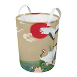 Japanese Cranes At Sunset Print Round Laundry Basket