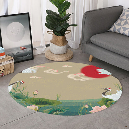 Japanese Cranes At Sunset Print Round Rug